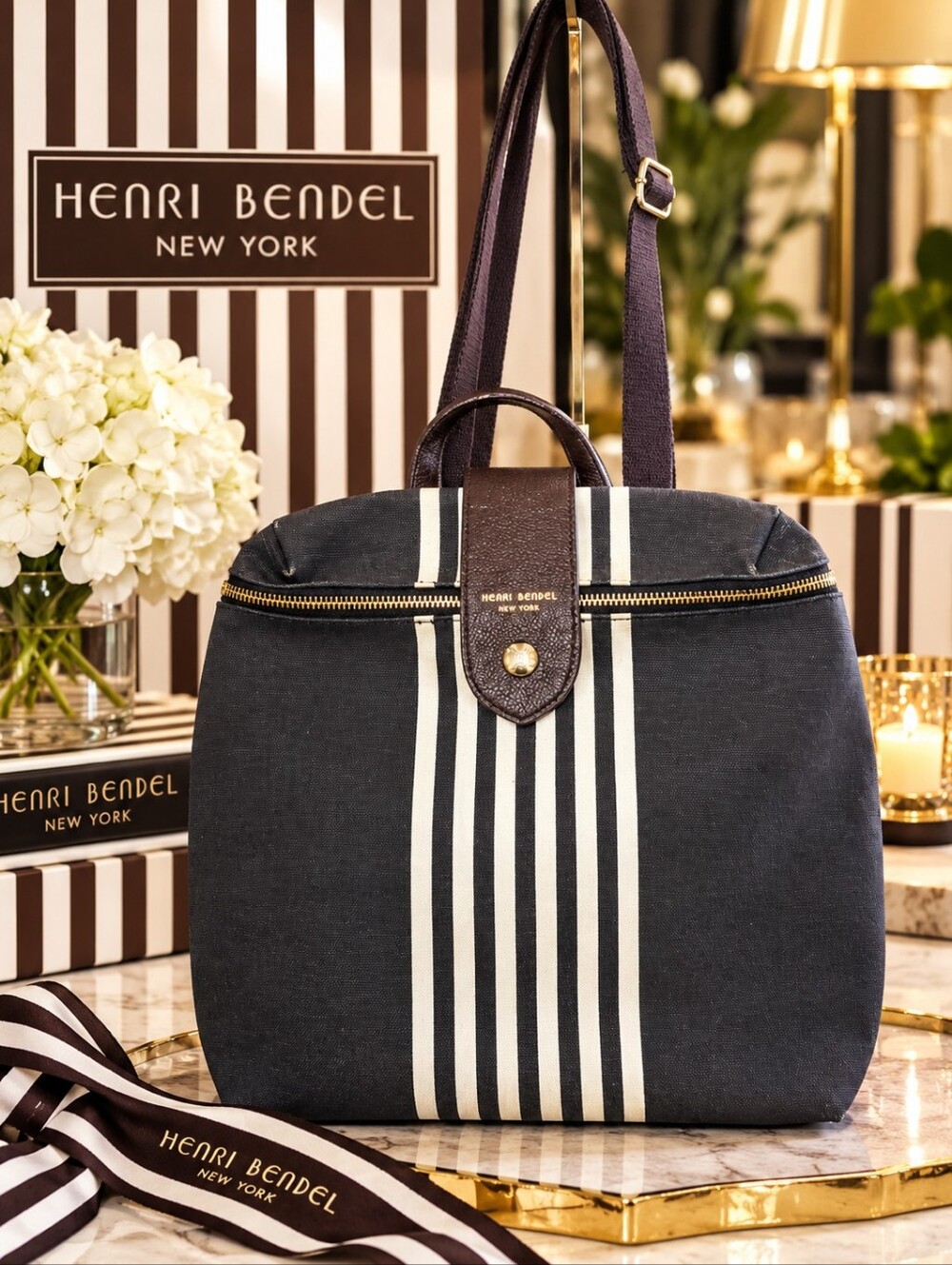 Henri Bendel Striped Canvas Backpack/Crossbody In Preloved Condition